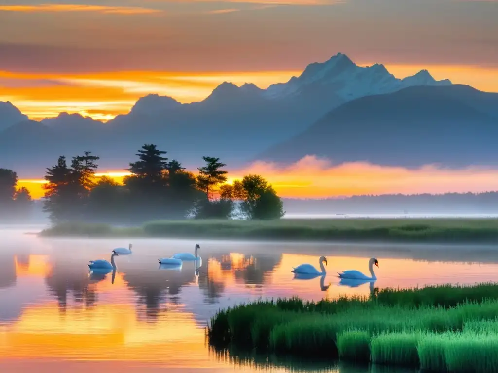 Una hermosa familia de cisnes deslizándose en un humedal al amanecer, con una diversa fauna y flora acuática