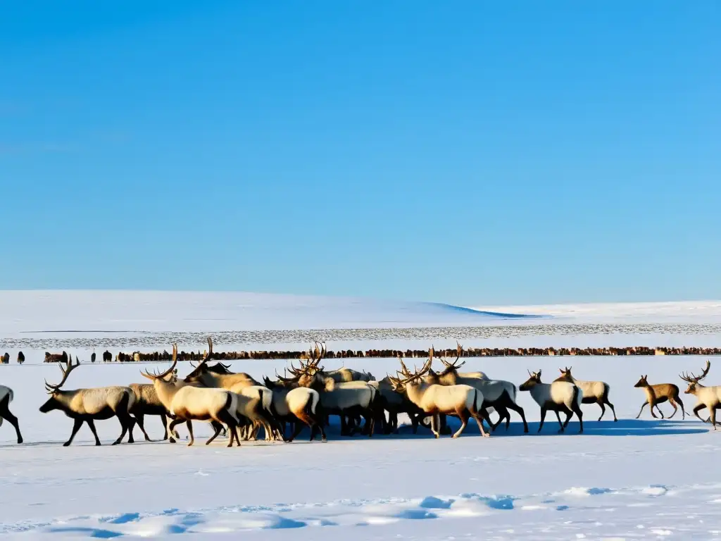 Hermosa observación de fauna en la tundra de Siberia, con renos, zorros árticos y un oso polar en un paisaje nevado al atardecer