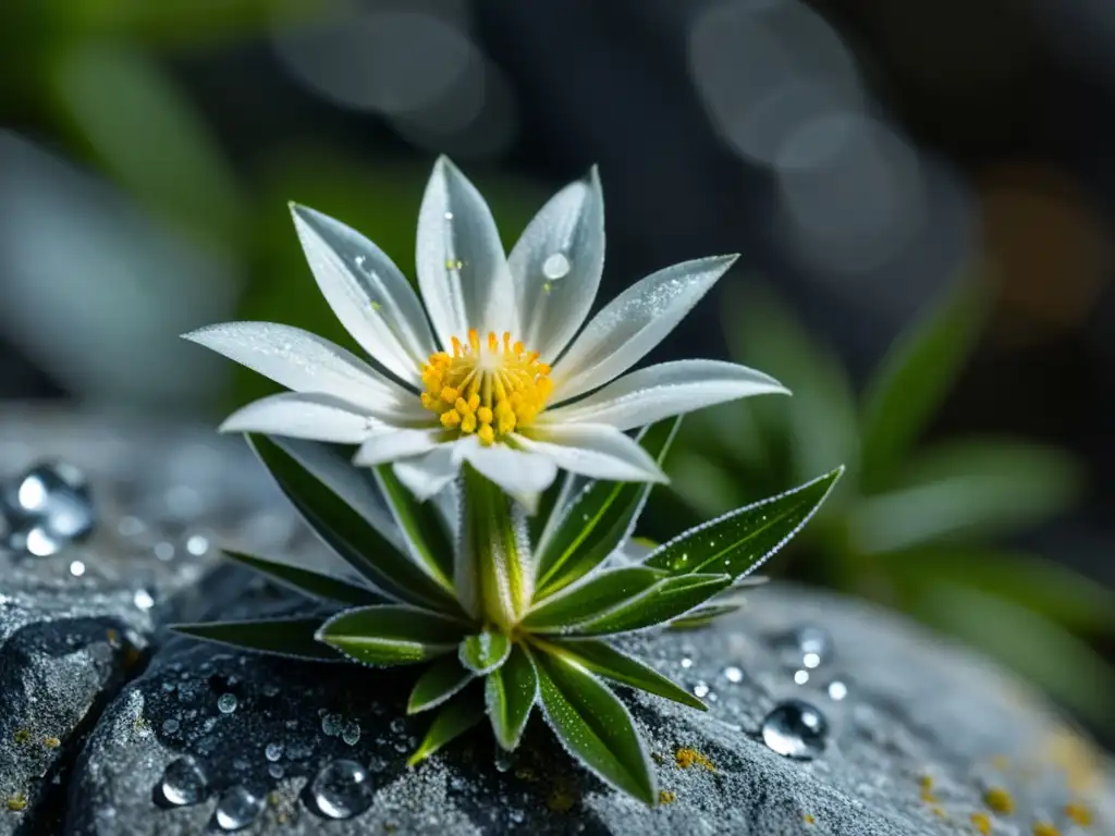 Una hermosa flor de Edelweiss en una grieta rocosa de alta montaña, capturando la flora de ecosistemas montañosos con elegancia y resiliencia