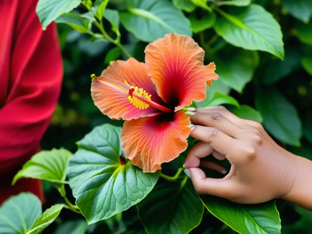 Flor de Hibisco Rojo y Curandero: Belleza Natural y Sabiduría Ancestral Una hermosa flor de hibisco rojo con detalles delicados, hojas verdes y un sanador indígena seleccionando plantas