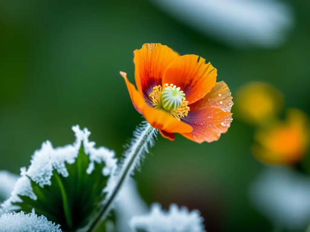 Una hermosa flor medicinal de la tundra, la delicada amapola ártica, con pétalos anaranjados y detalles gélidos en la luz suave