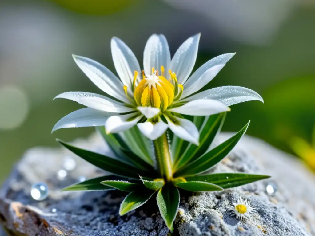 Una hermosa flor de Edelweiss entre rocas en un prado de alta montaña