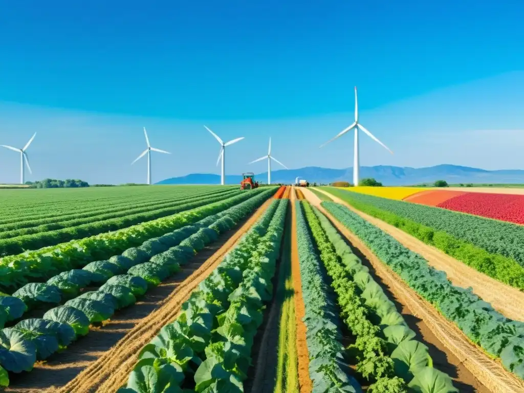 Una hermosa granja con cultivos coloridos y energía renovable