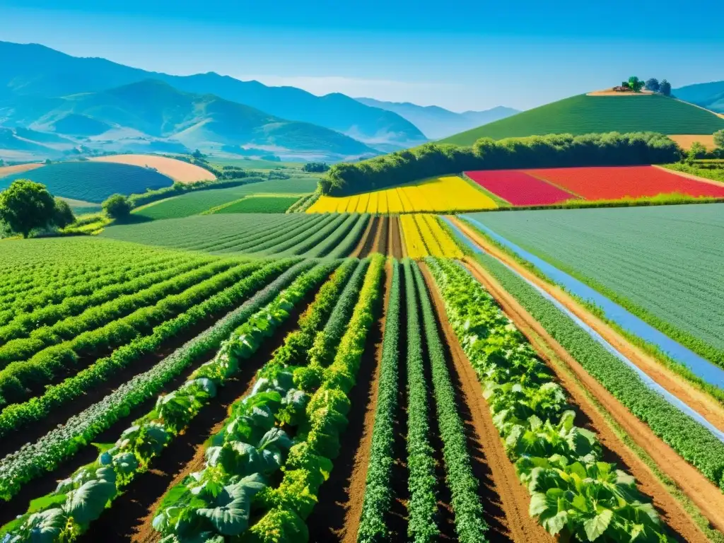 Una hermosa granja orgánica llena de vida y color, mostrando el impacto de la agricultura ecológica vs convencional en armonía con la naturaleza