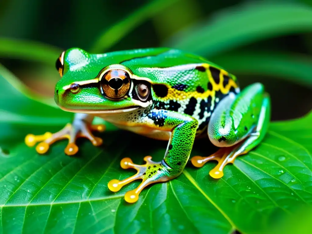 Una hermosa imagen de un vibrante árbol rana verde posada en una hoja, con cada detalle de su piel esmeralda y ojos dorados nítidamente enfocados