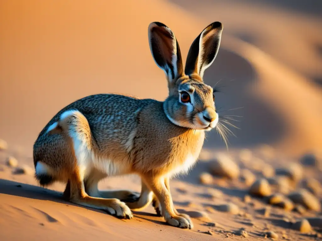 Hermosa liebre del desierto, adaptada a la sequía mediterránea, con su pelaje arenoso mimetizándose con el entorno árido y sus ojos expresivos irradiando resiliencia