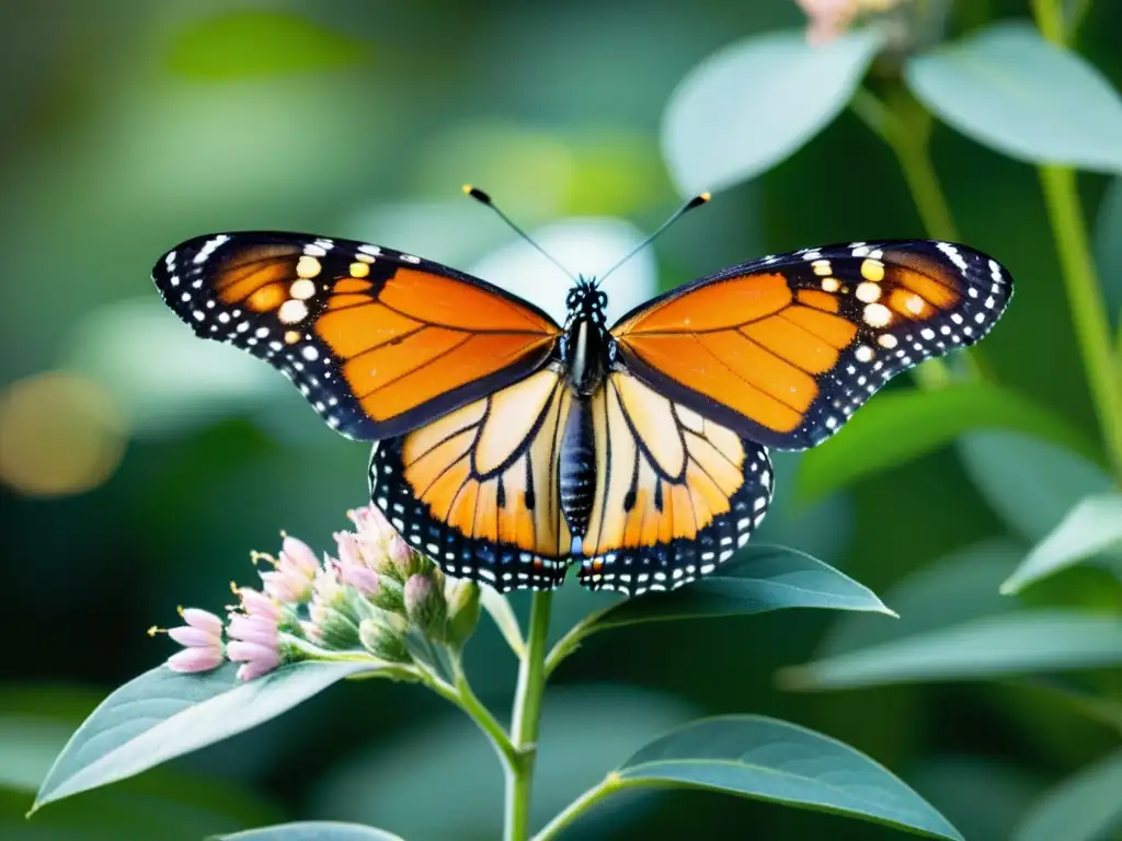 Una hermosa fotografía macro de una mariposa monarca vibrante posada en una delicada flor de algodoncillo