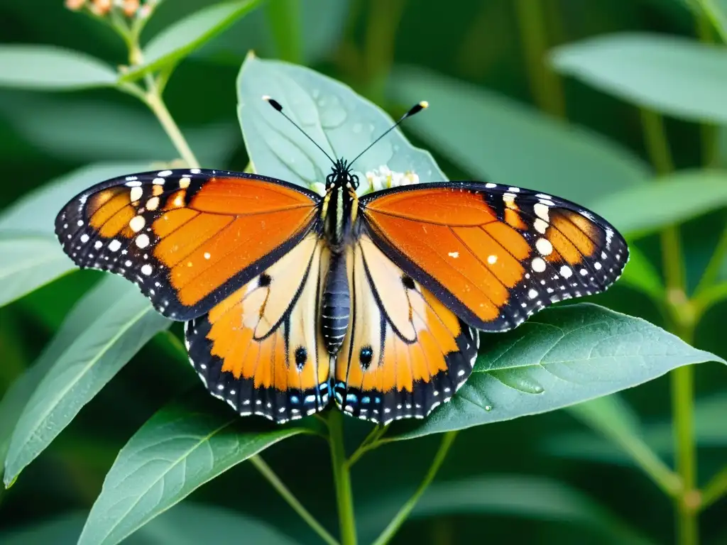 Hermosa mariposa monarca en planta de algodoncillo, resplandeciendo bajo el sol