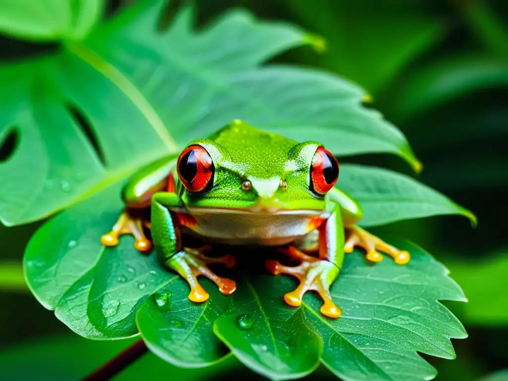 Una hermosa rana de ojos rojos en una hoja verde en la selva húmeda