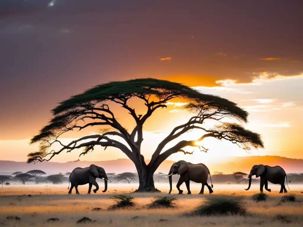 Hermosa sabana africana al amanecer, con elefantes en la distancia, desafíos del ecosistema de la sabana africana