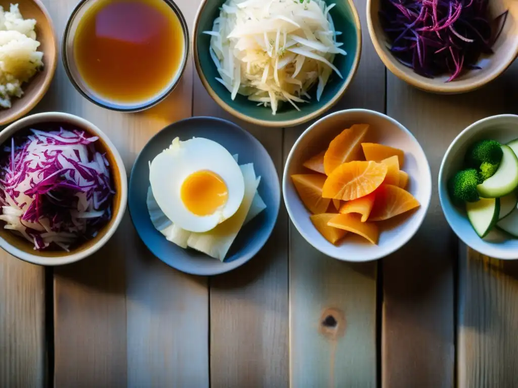 Una hermosa variedad de alimentos fermentados orgánicos en una mesa rústica, mostrando texturas y colores vibrantes