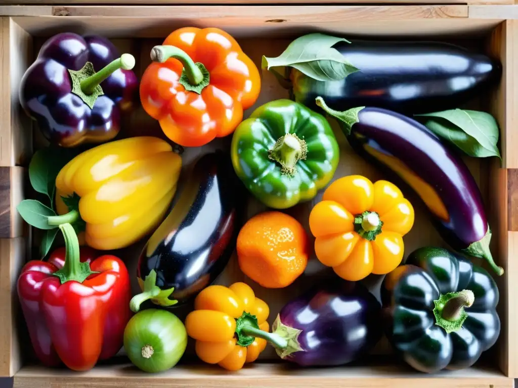 Una hermosa variedad de frutas y verduras orgánicas en una caja de madera, evocando los beneficios de la agricultura saludable y sostenible