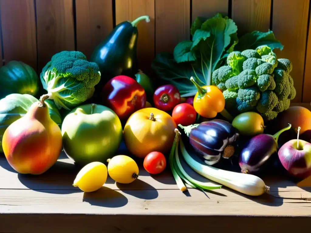 Una hermosa variedad de frutas y verduras orgánicas recién cosechadas, resplandeciendo en una mesa rústica de madera