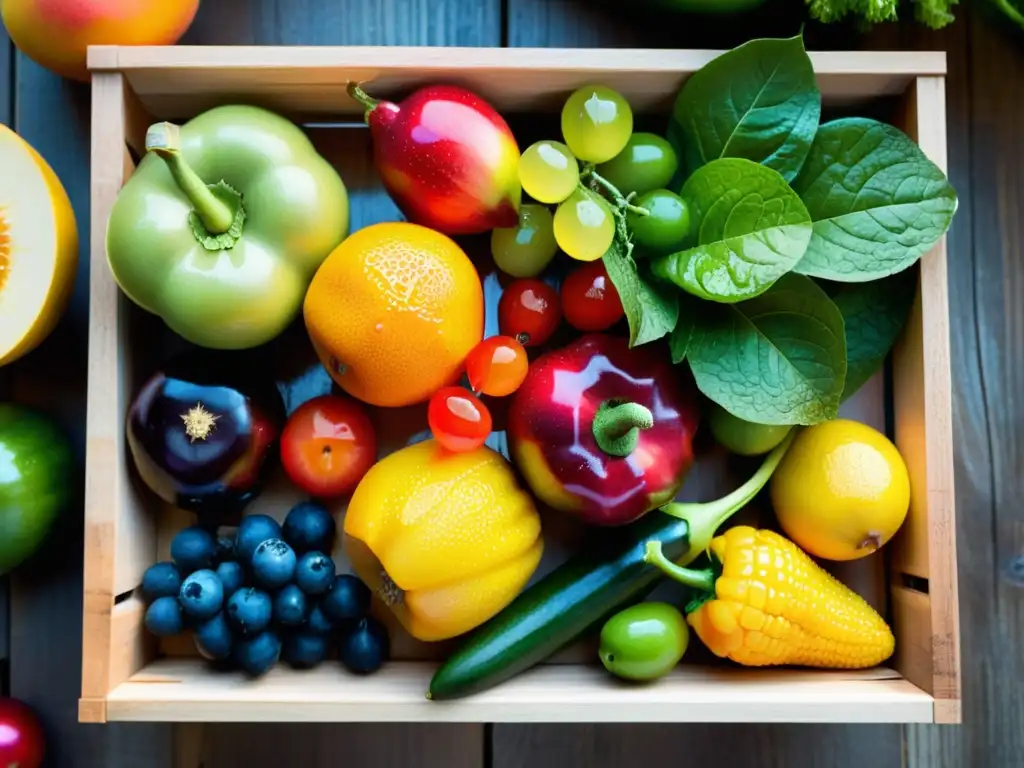 Una hermosa variedad de frutas y verduras orgánicas, frescas y vibrantes, en una caja de madera rústica