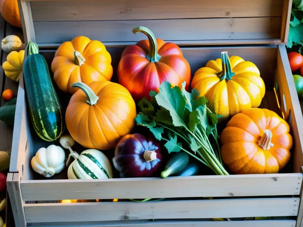 Vibrante cosecha de otoño: crujientes vegetales y cálida luz dorada Una hermosa y vibrante colección de vegetales de otoño en una caja de madera, iluminada por el cálido sol