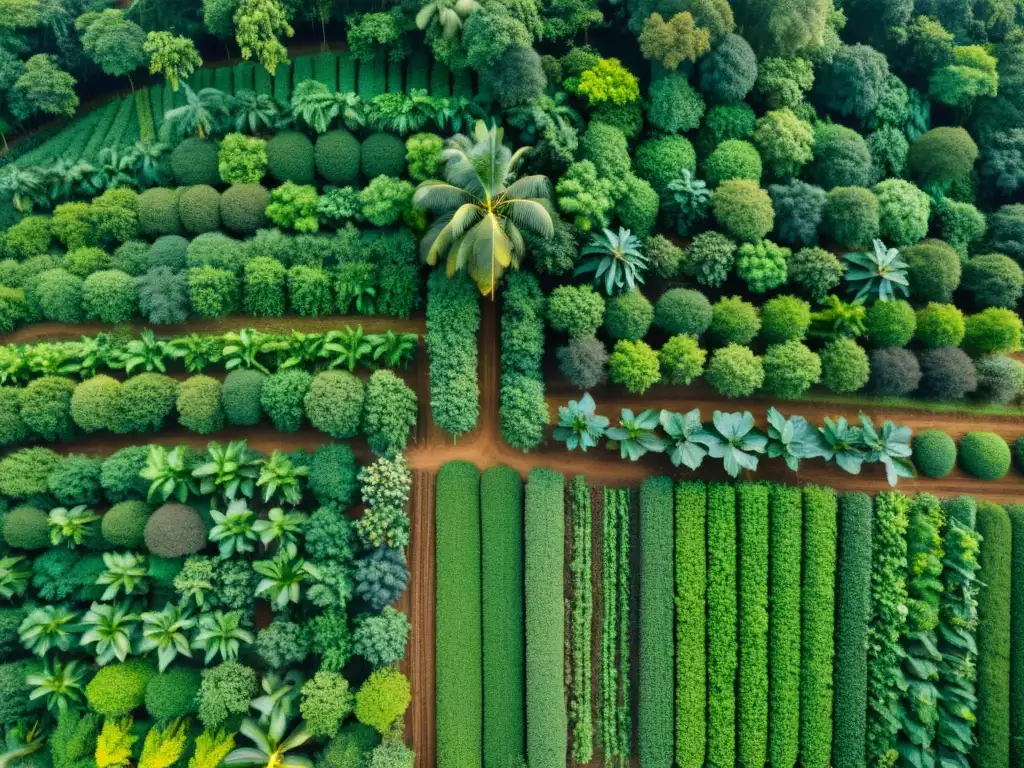 Una hermosa vista de un sistema agroforestal diverso con frutales y cultivos como café, cacao y plátanos