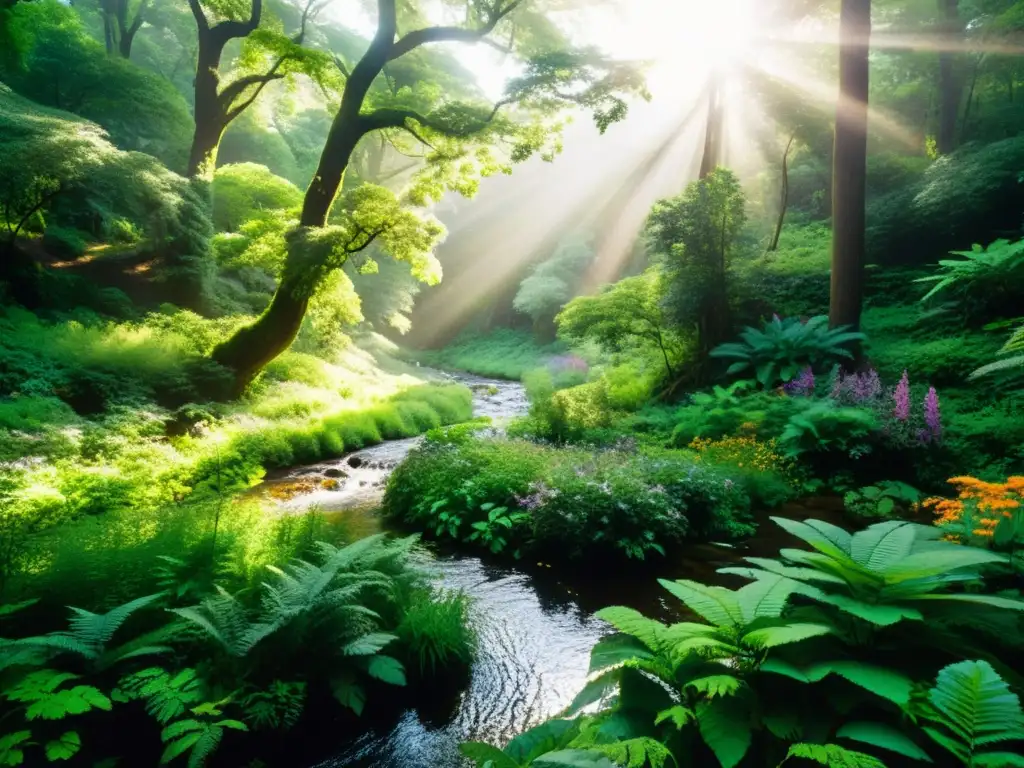 Un hermoso bosque exuberante con luz solar filtrándose a través del dosel, iluminando una diversa variedad de vida vegetal y animal