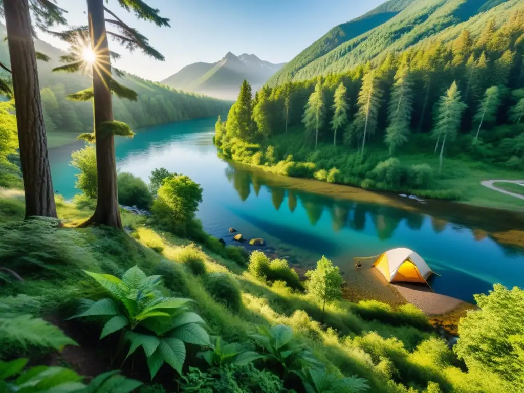 Un hermoso campamento ecológico sostenible entre árboles altos con un río cristalino y campistas practicando técnicas responsables