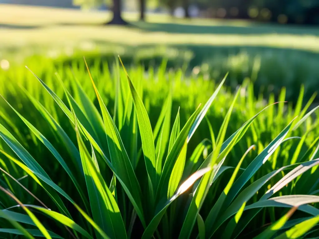 Un hermoso jardín ecológico con césped alternativo y plantas nativas bajo la luz del sol, refrescado por una suave neblina