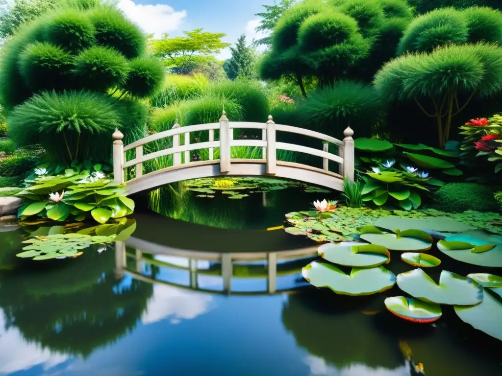 Un hermoso ecosistema acuático en el jardín: un estanque sereno entre exuberante vegetación, lirios y peces koi