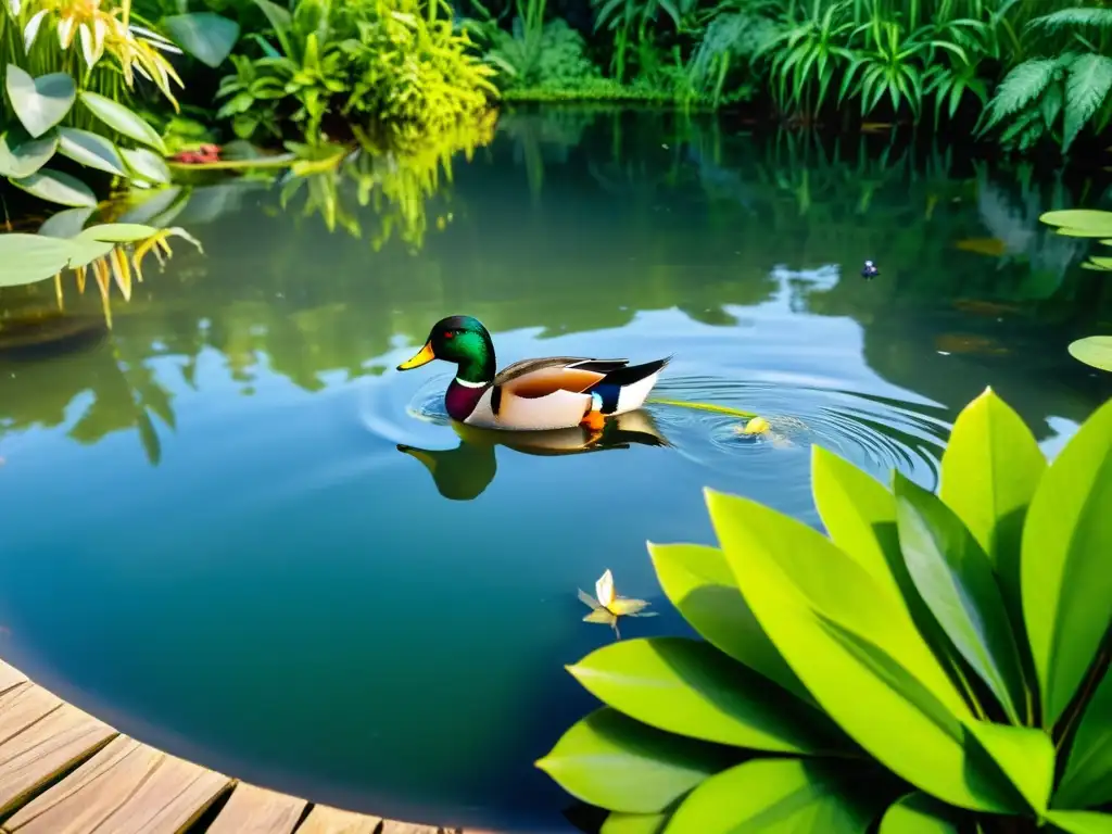 Un hermoso ecosistema acuático en un jardín, con patos nadando y una libélula revoloteando sobre el estanque