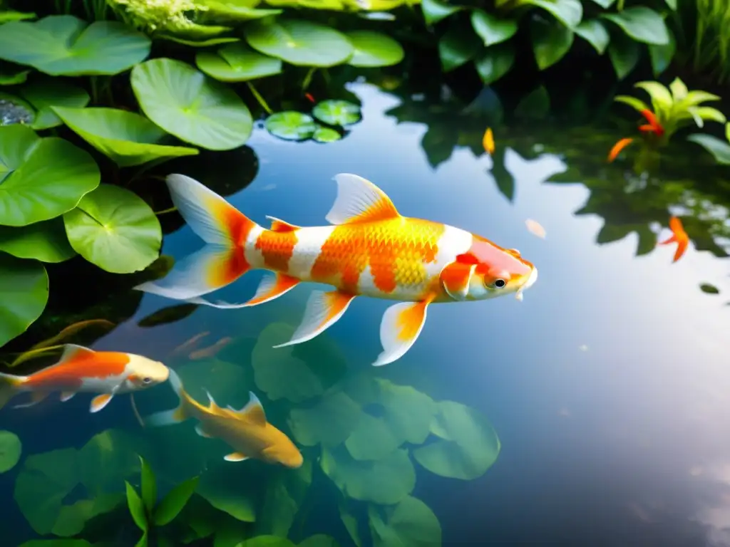 Un hermoso ecosistema acuático en un jardín, con plantas acuáticas vibrantes y elegantes peces koi nadando en un estanque sereno