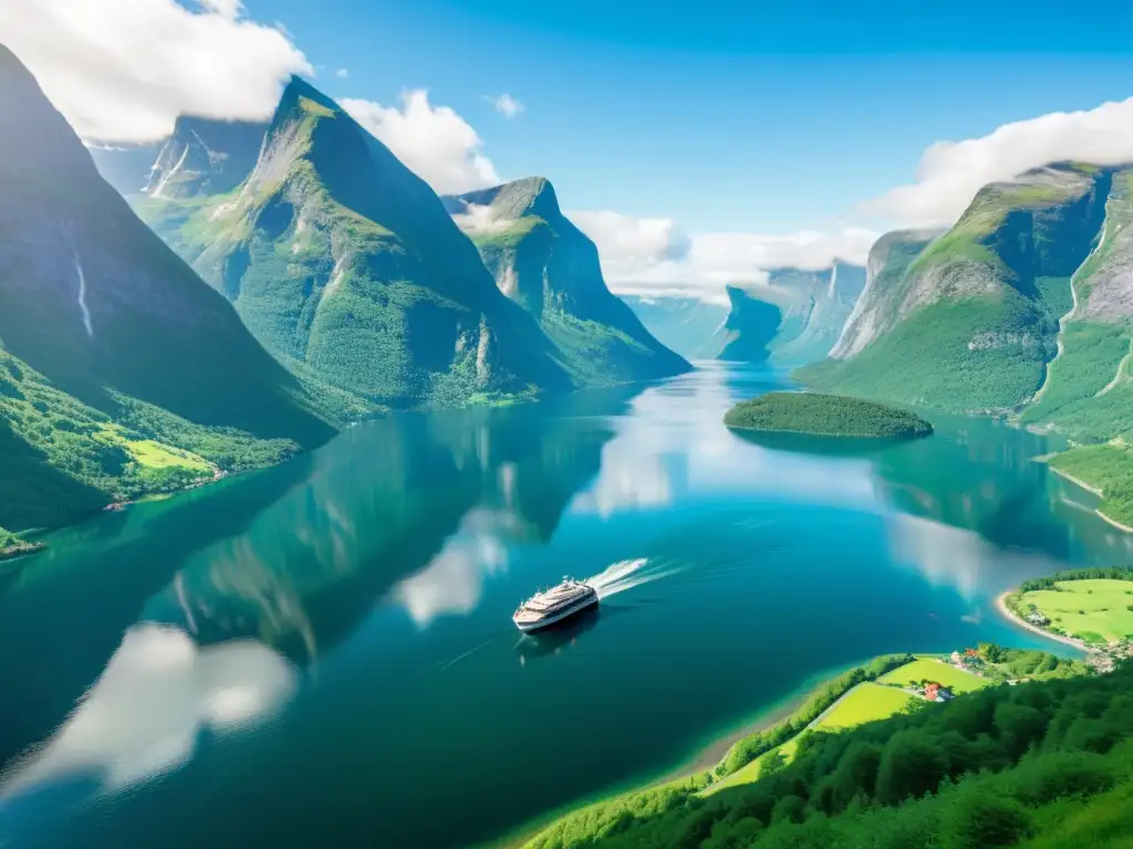 Un hermoso fiordo noruego con montañas verdes y un pequeño barco turístico sostenible navegando en aguas cristalinas