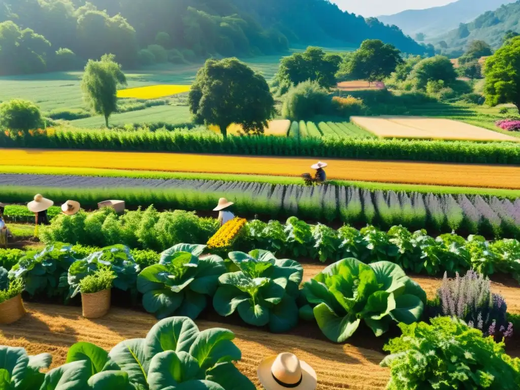 Un hermoso huerto orgánico con vegetales coloridos y frondosos bañados por la cálida luz del sol