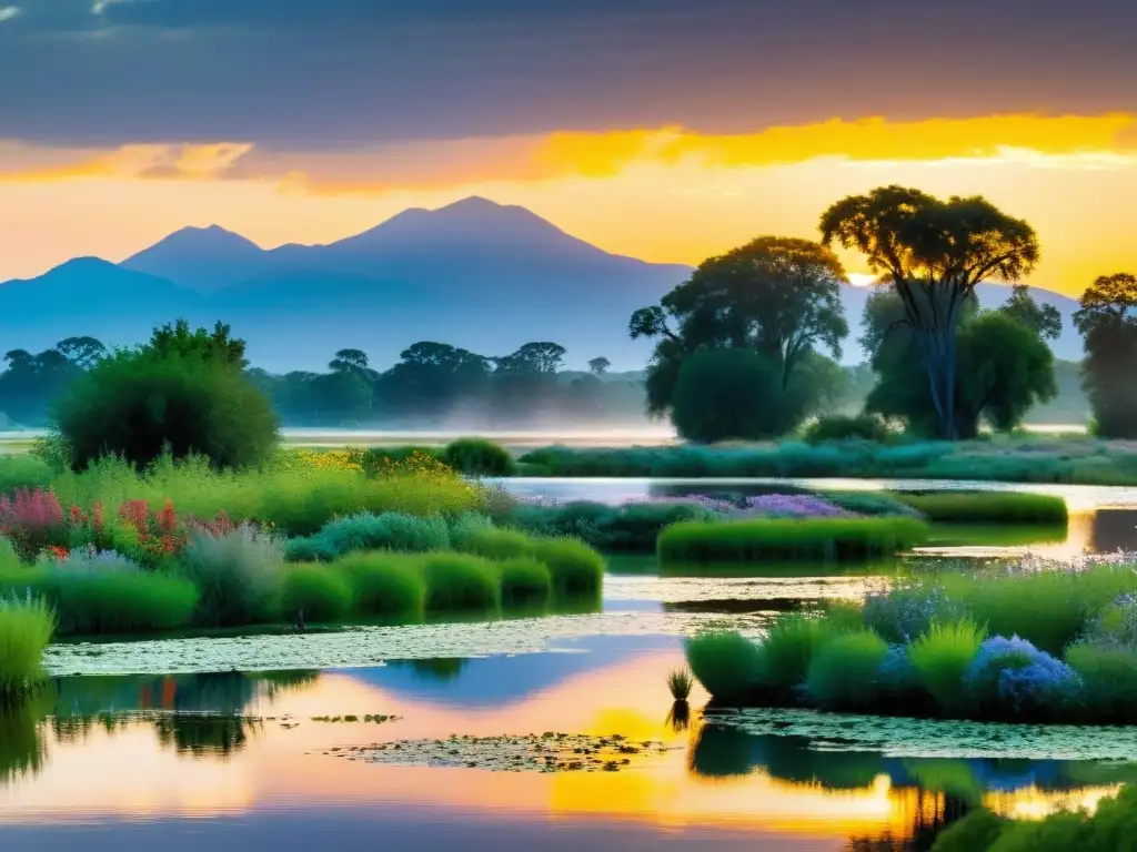 Hermoso humedal con diversa flora y fauna nativa bajo la luz suave del atardecer