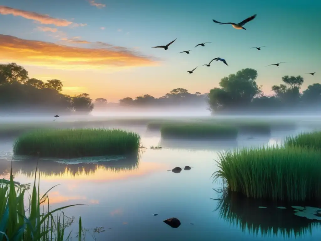 Hermoso amanecer en humedal con sonidos de la naturaleza y fauna variada