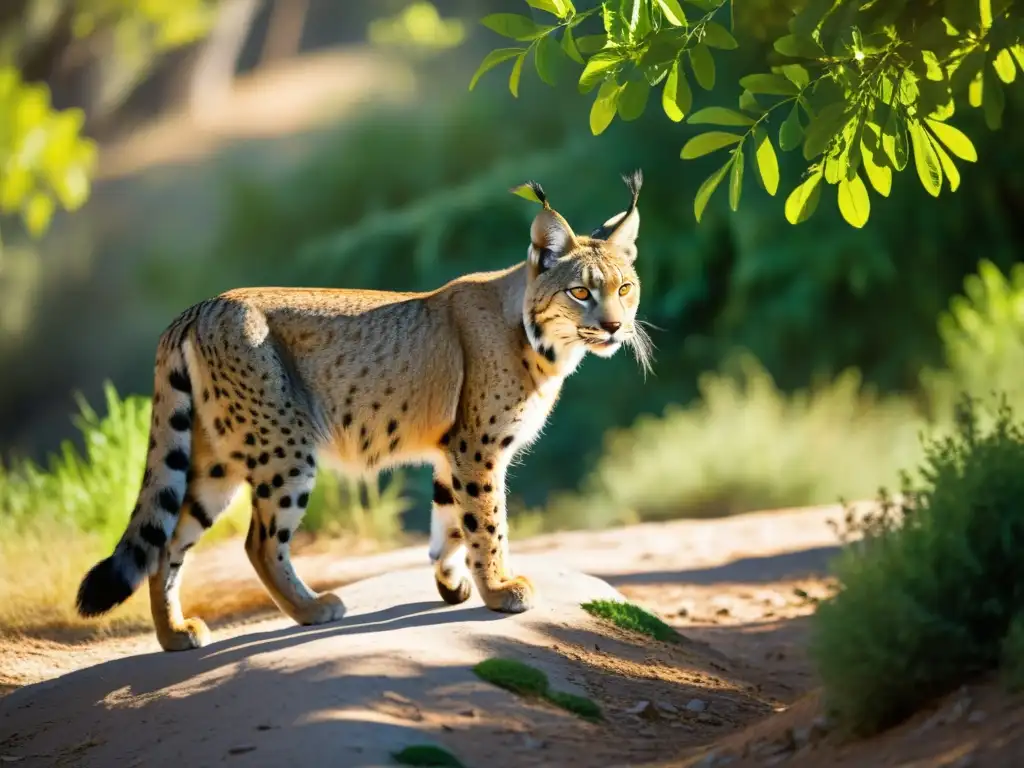 Hermoso lince ibérico en bosque mediterráneo soleado, destacando la conservación del lince ibérico Mediterráneo