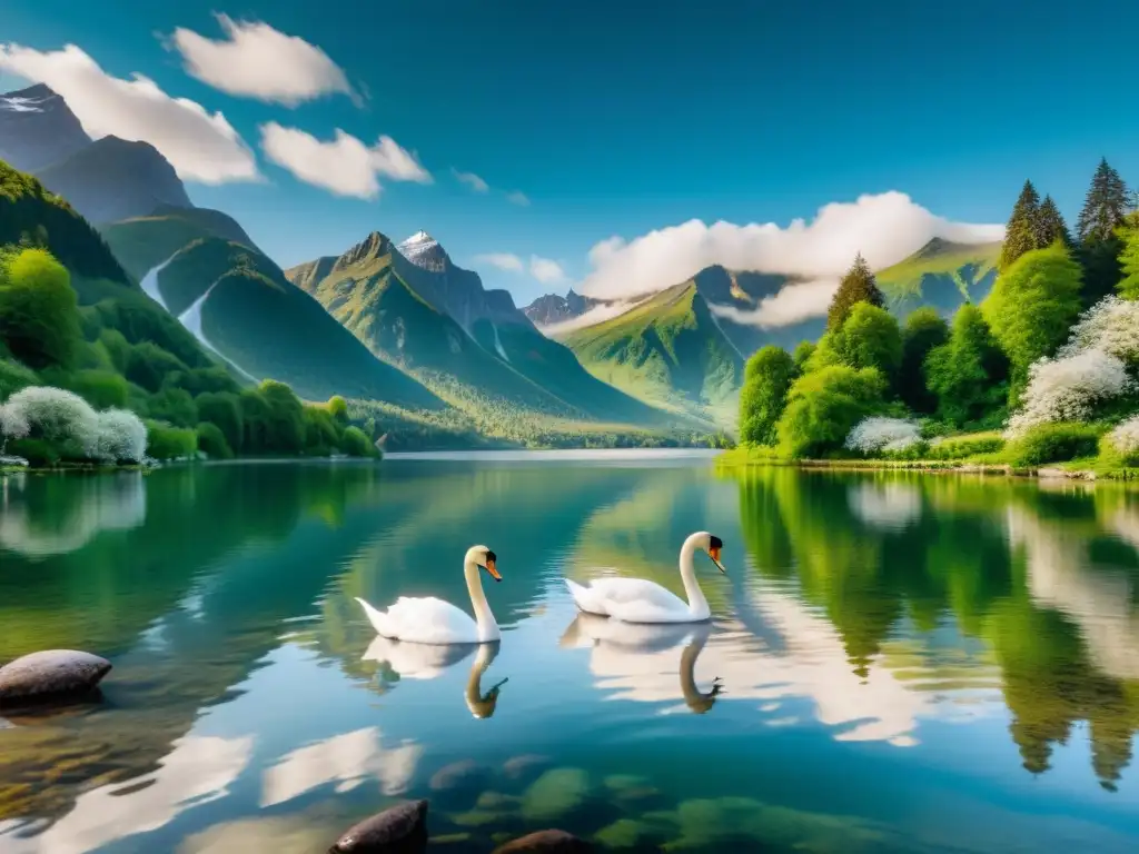 Un hermoso lago de aguas cristalinas rodeado de exuberante vegetación, reflejando las montañas nevadas y una familia de cisnes