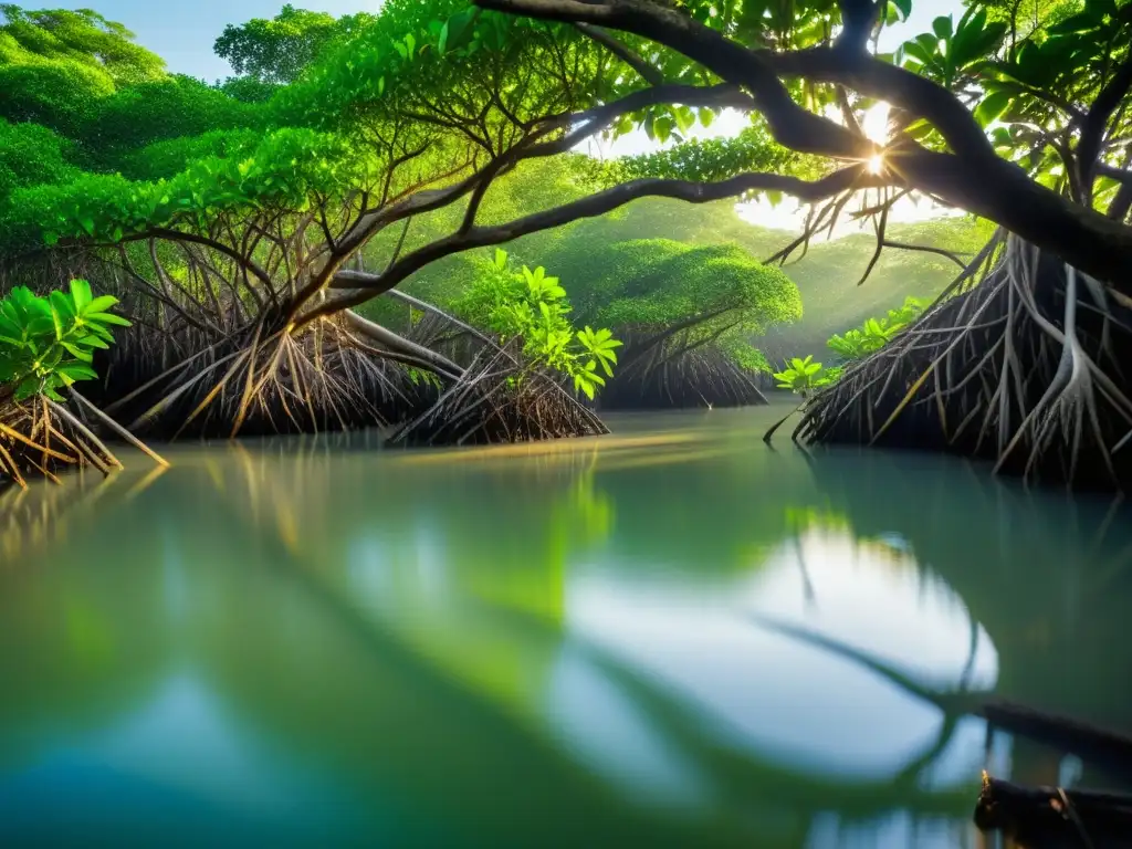 Un hermoso manglar con estrategias de resistencia ante salinización y tormentas, mostrando su serena belleza y resiliencia