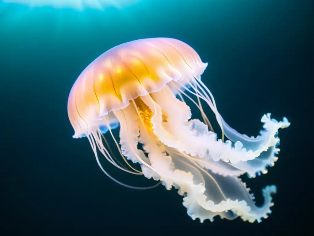 Un hermoso y misterioso retrato de una medusa bioluminiscente flotando en las profundidades oscuras del océano