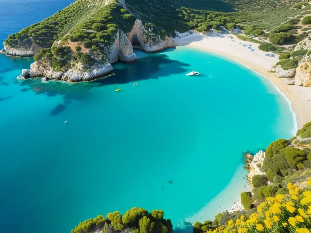 Un hermoso paisaje costero del Mediterráneo con aguas turquesas, acantilados, playas doradas y barcos navegando