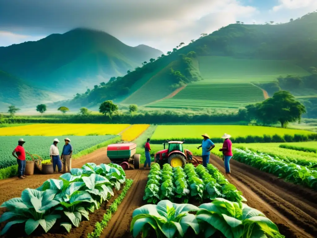 Un hermoso paisaje de una granja agroecológica, donde un diverso grupo de agricultores colabora en prácticas sostenibles en agroecología