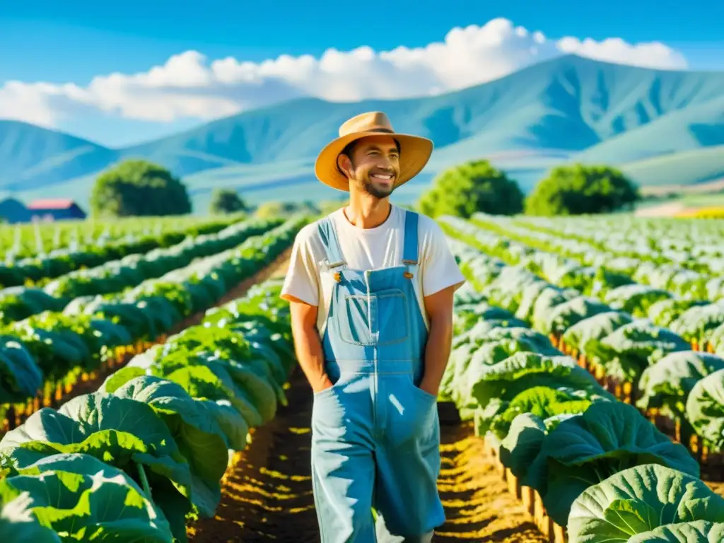 Granja orgánica radiante: cosecha natural y abundante Un hermoso paisaje de granja orgánica con frutas y verduras maduras bajo el sol