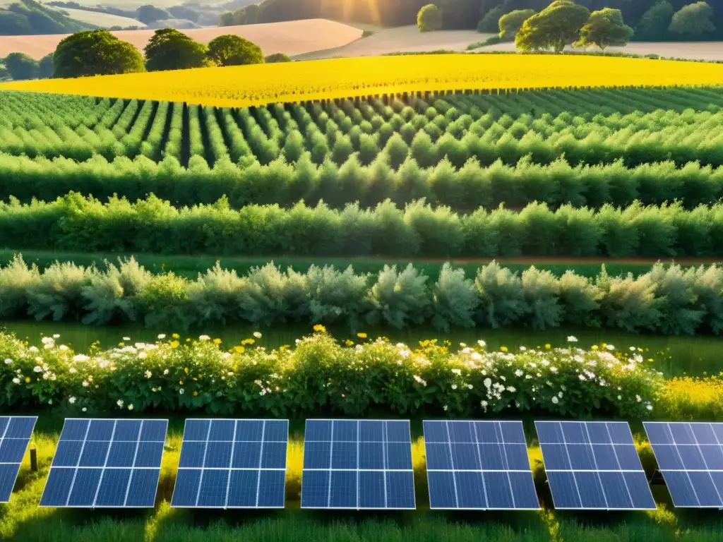 Un hermoso paisaje con paneles solares en un campo verde, reflejando la luz del sol