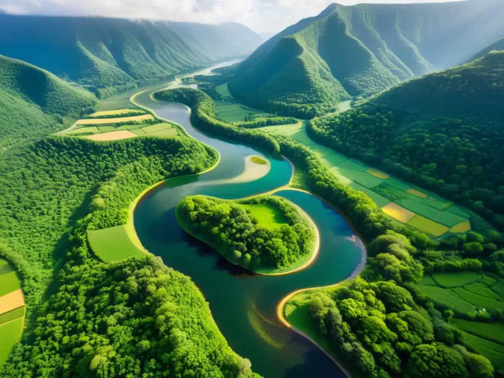 Un hermoso río serpenteando a través de un valle exuberante, reflejando la vida y el impacto de los ríos en ecosistemas