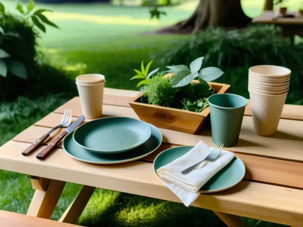 Un hermoso set de mesa para picnic ecológico con vajilla compostable, rodeado de naturaleza exuberante