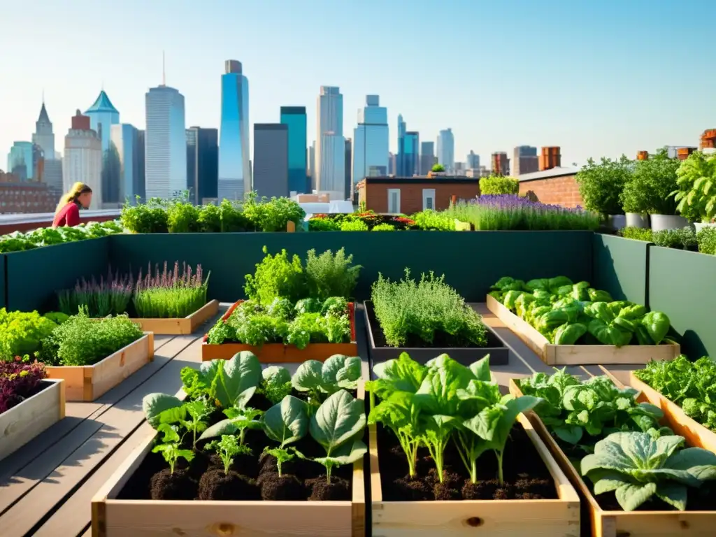 Un hermoso jardín urbano en un espacio pequeño, cultivando alimentos orgánicos con cuidado y amor frente al horizonte de la ciudad