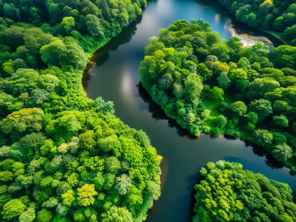 Hermoso bosque vibrante con ríos serpenteantes, bañado por el sol