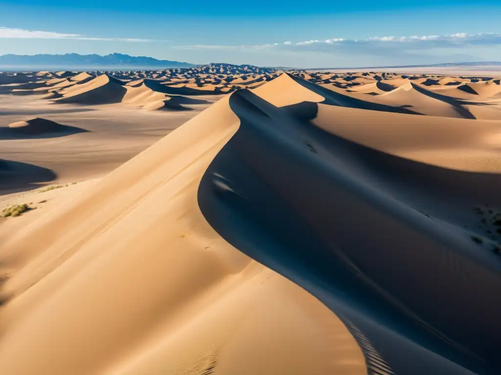 Herramientas digitales para la sostenibilidad en desiertos: Vista aérea impresionante de dunas y montañas en contraste bajo el cielo azul