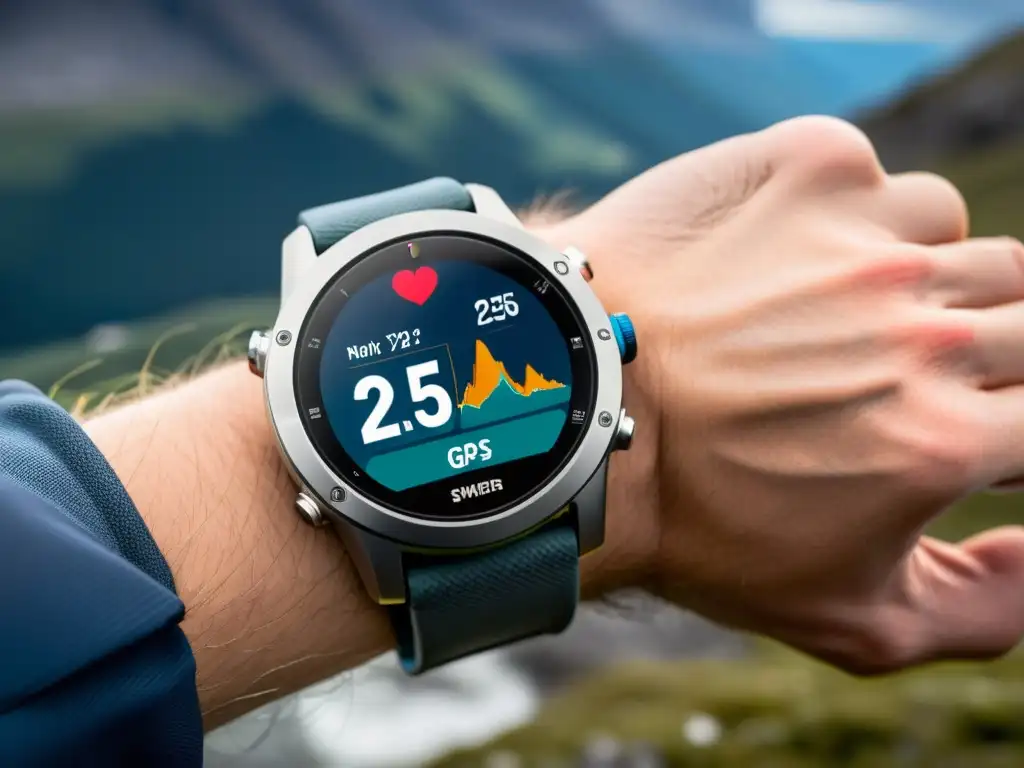 Un hiker en la cima de una montaña nevada, usando un smartwatch con sensor de ritmo cardíaco