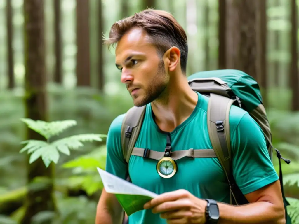 Un hiker determinado utiliza mapas y brújulas eco amigables para navegar en un exuberante bosque