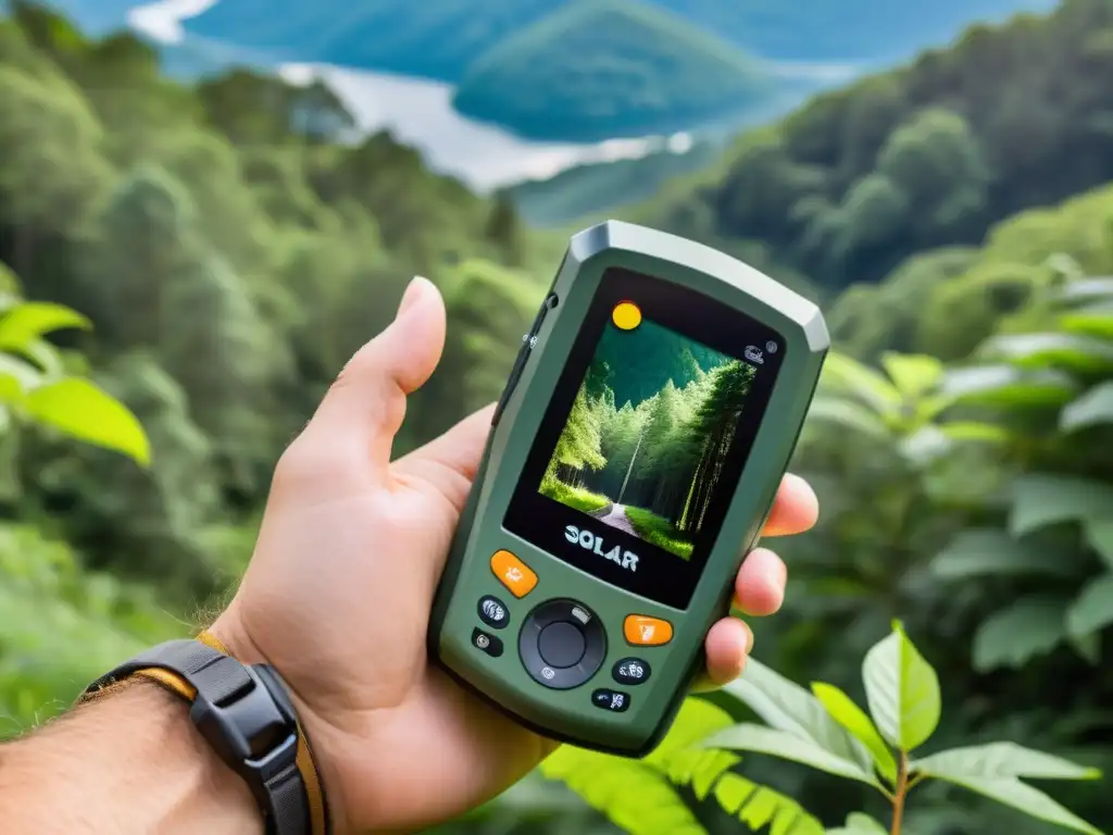 Un hiker utiliza un moderno GPS solar en un bosque exuberante