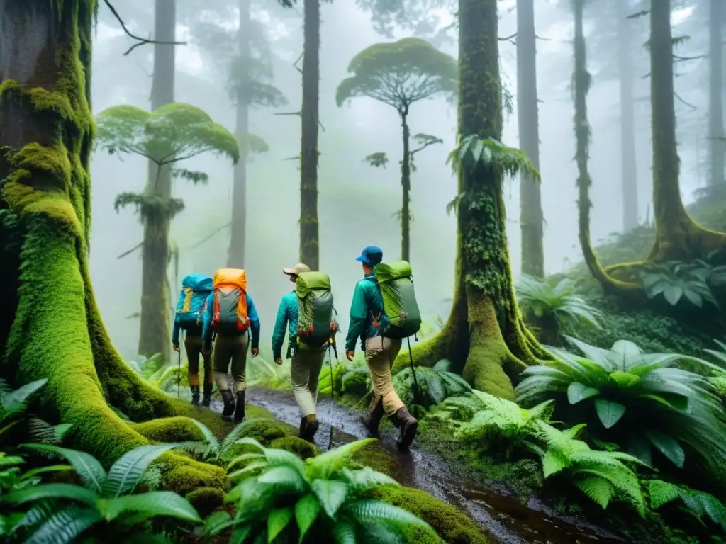 Hikers con tiendas de campaña ultraligeras explorando un bosque lluvioso, envueltos en la mística niebla