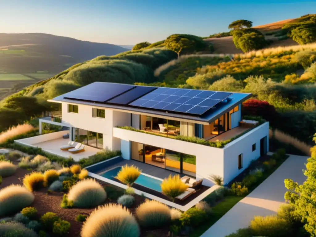 Hogar moderno con paneles solares, integrando energía renovable en paisaje sostenible al atardecer