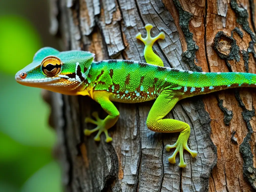 Un gecko cola de hoja camuflándose en un árbol