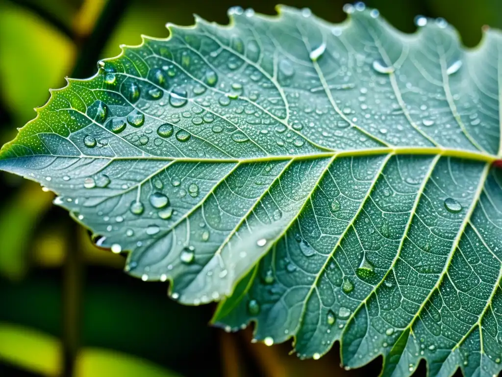 Una hoja cubierta de diminutas gotas de líquido translúcido, mostrando las estrategias de defensa química de las plantas contra herbívoros